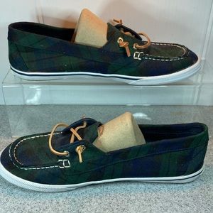 Speedy top-sider size 11 navy‎ and green plaid boat shoes. Leather laces. Fc1